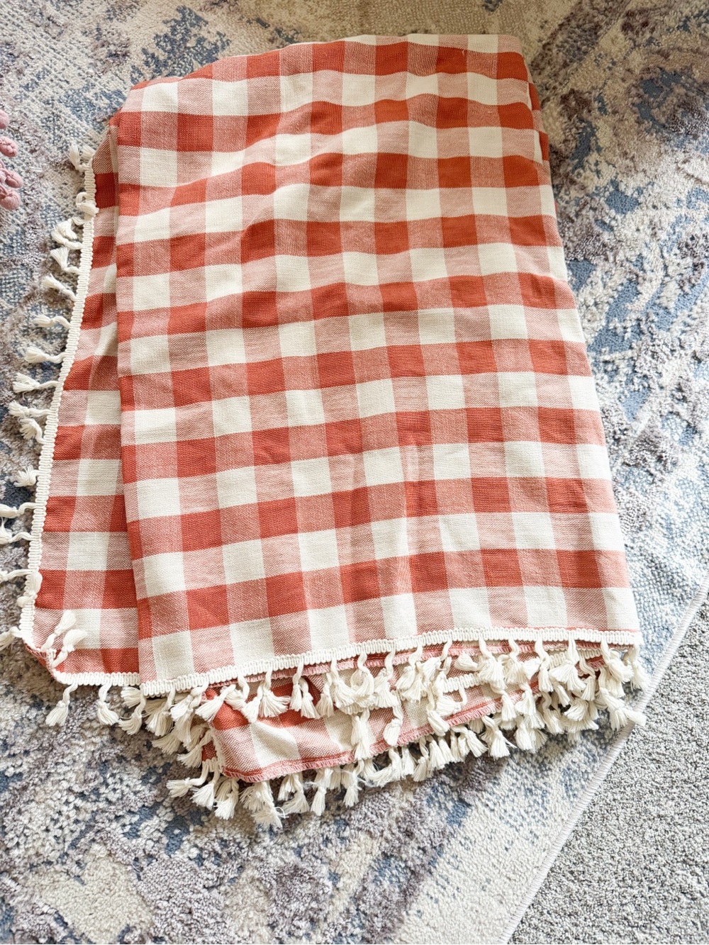 Rust Orange Checkered Tasseled table cloth 55x70 Fall decor
